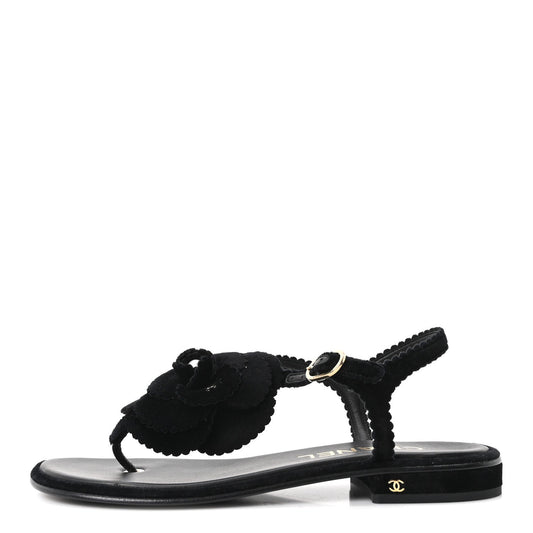 Chanel Velvet Pearl Camellia Women's Thong Sandals 37.5 Black