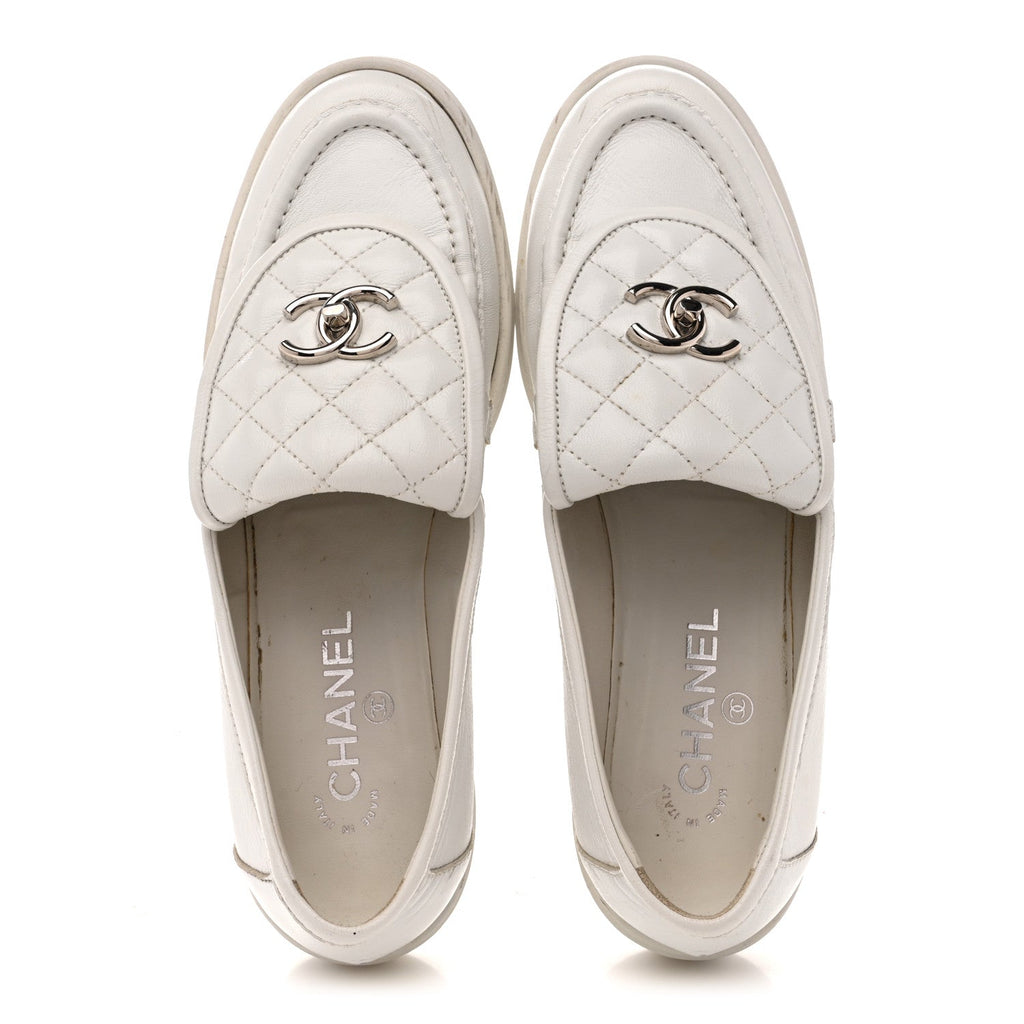 Chanel Shiny Lambskin Women's Quilted CC Turnlock Loafers 40 White