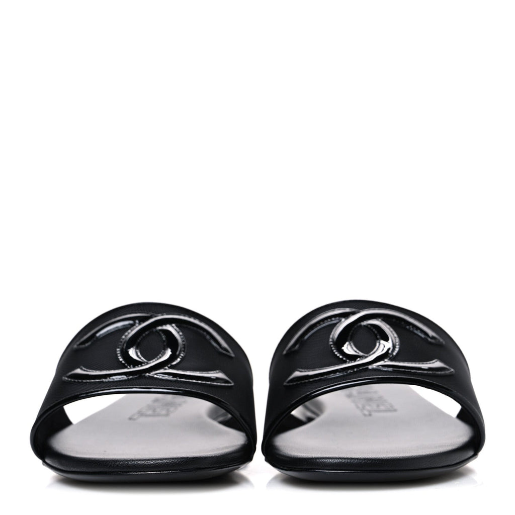 Chanel Mesh Patent Calfskin Women's CC Mules 39 Black
