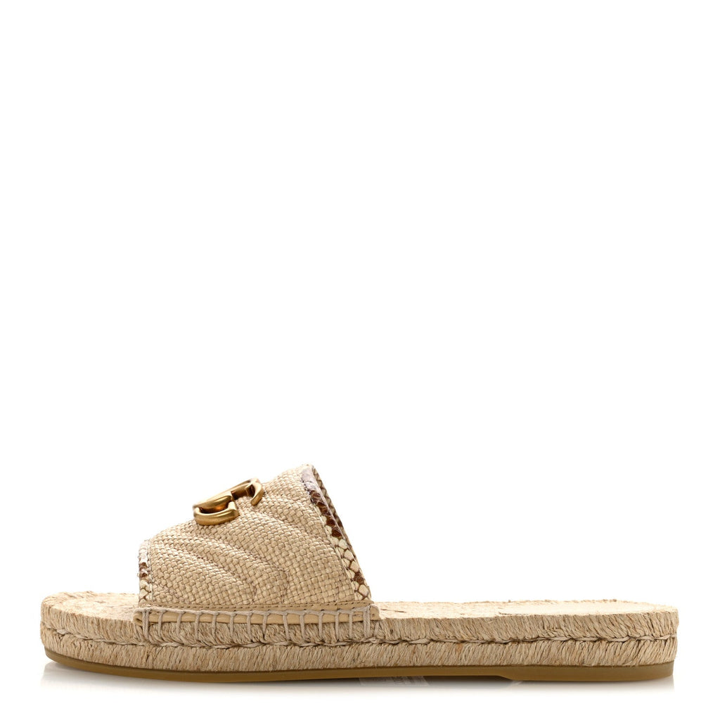 Gucci Straw Elaphe Women's GG Marmont Slide Sandals 39 Natural Cream Brown