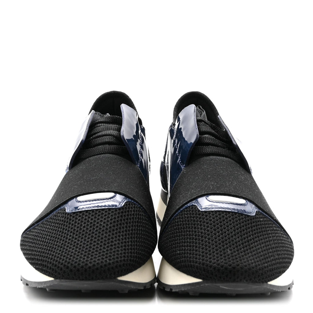 Balenciaga Patent Calfskin Neoprene Mesh Suede Men's Race Runner Sneakers 43 Black Navy