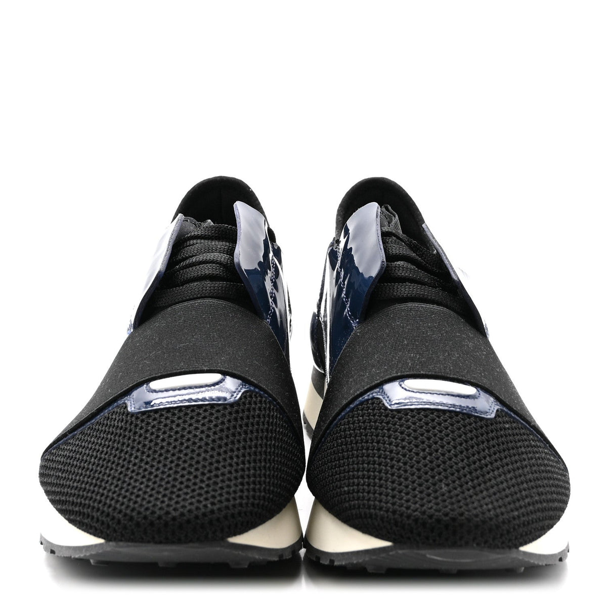 Balenciaga Patent Calfskin Neoprene Mesh Suede Men's Race Runner Sneakers 43 Black Navy
