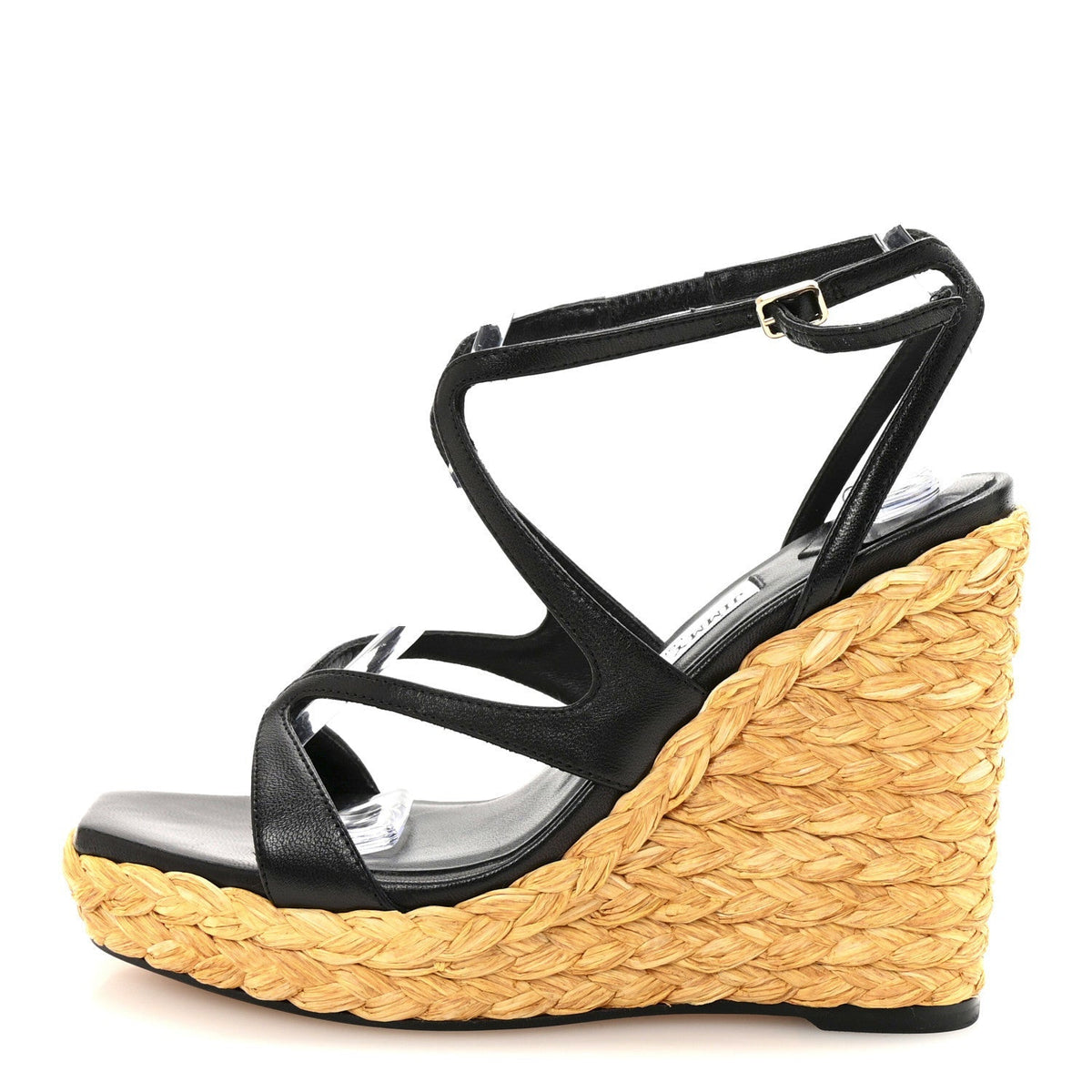 Jimmy Choo Raffia Nappa Women's Ayla 110mm Wedge Sandals 35 Black