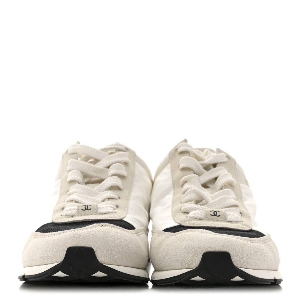 Chanel Nylon Suede Kidskin Calfskin Women's Logo Sneakers 37.5 White Black