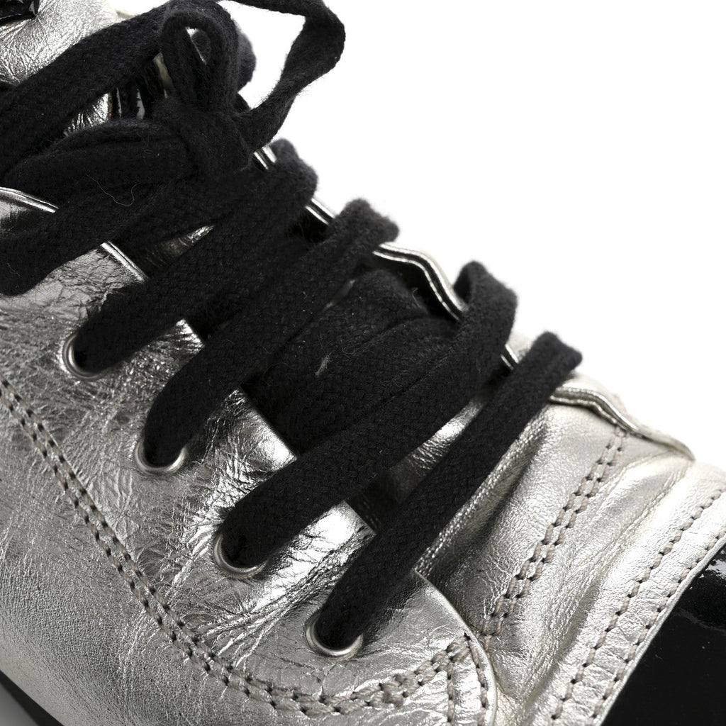 Chanel Metallic Lambskin Patent Cap Toe CC Women's Sneakers Silver Black