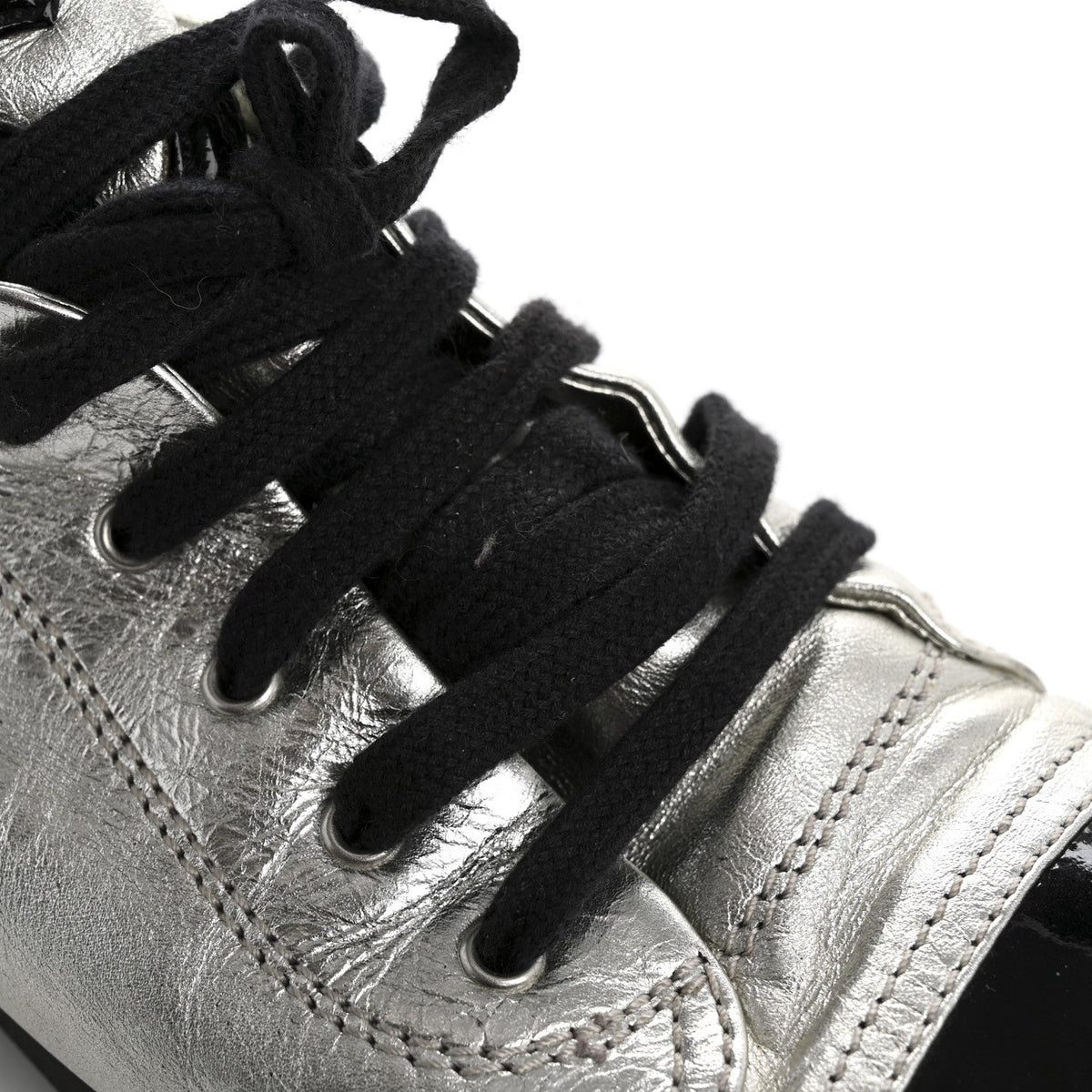 Chanel Metallic Lambskin Patent Cap Toe CC Women's Sneakers Silver Black