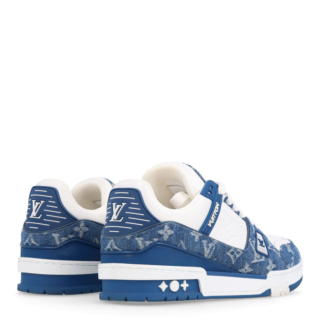 Louis Vuitton Monogram Denim Calfskin Women's LV Trainer Sneakers 40 Blue
