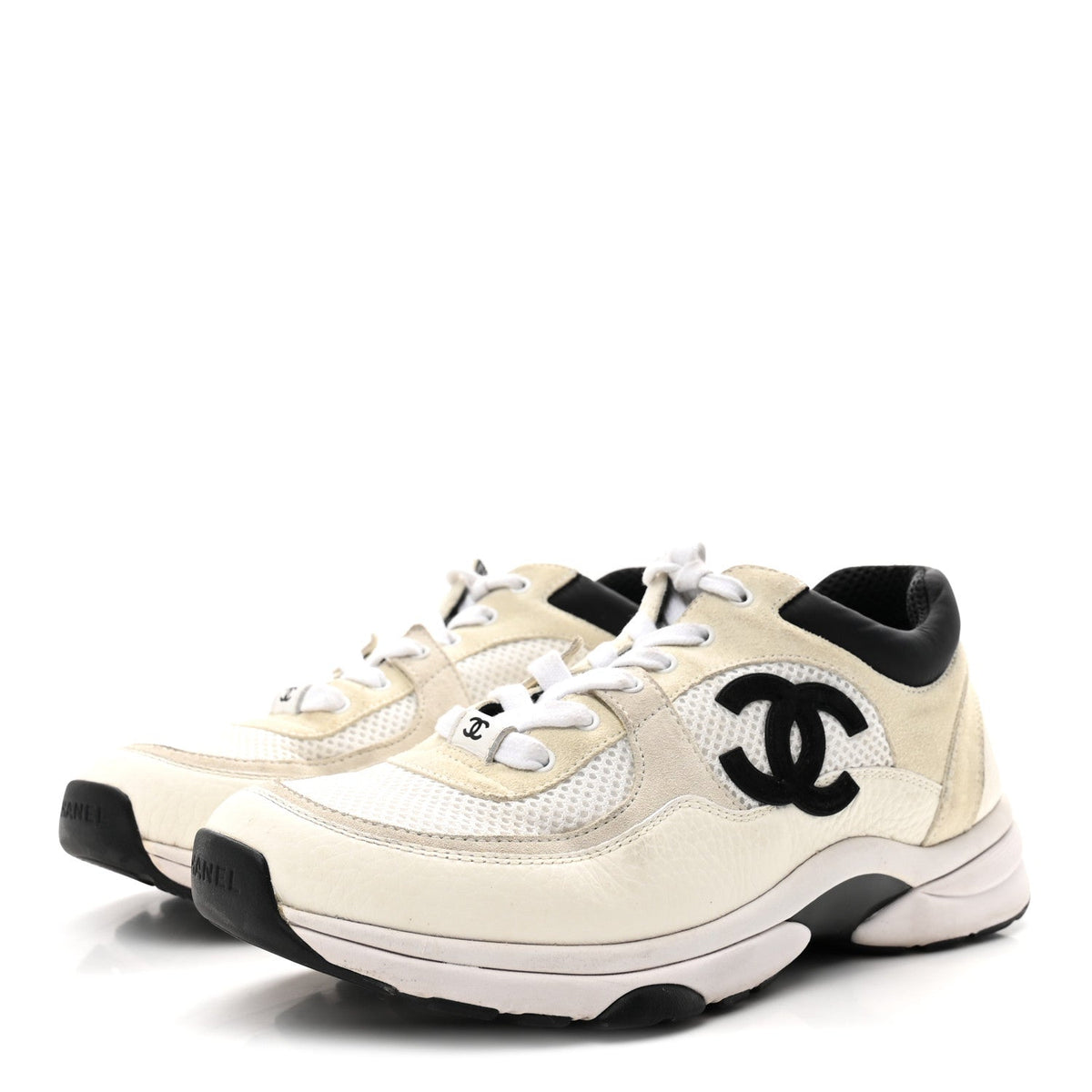 Chanel Mesh Suede Calfskin Womens CC Sneakers 39.5 White Black