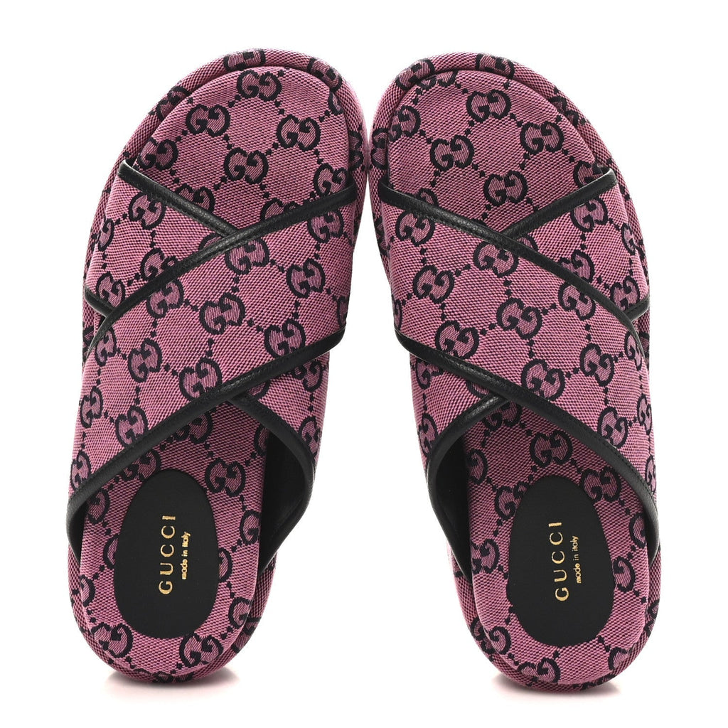 Gucci Canvas Women's Monogram Multicolor Criss Cross Platform Slide Sandals 36.5 Pink Blue