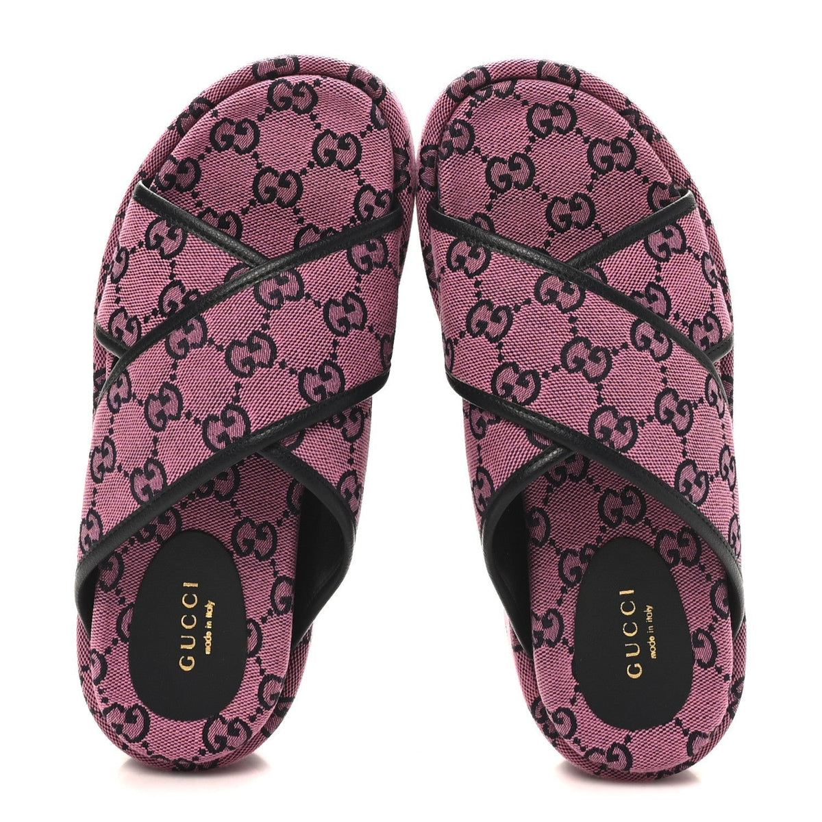 Gucci Canvas Women's Monogram Multicolor Criss Cross Platform Slide Sandals 36.5 Pink Blue
