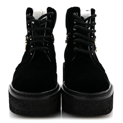 Chanel Velvet Women's Chain Lace Up CC Short Boots 35.5 Black