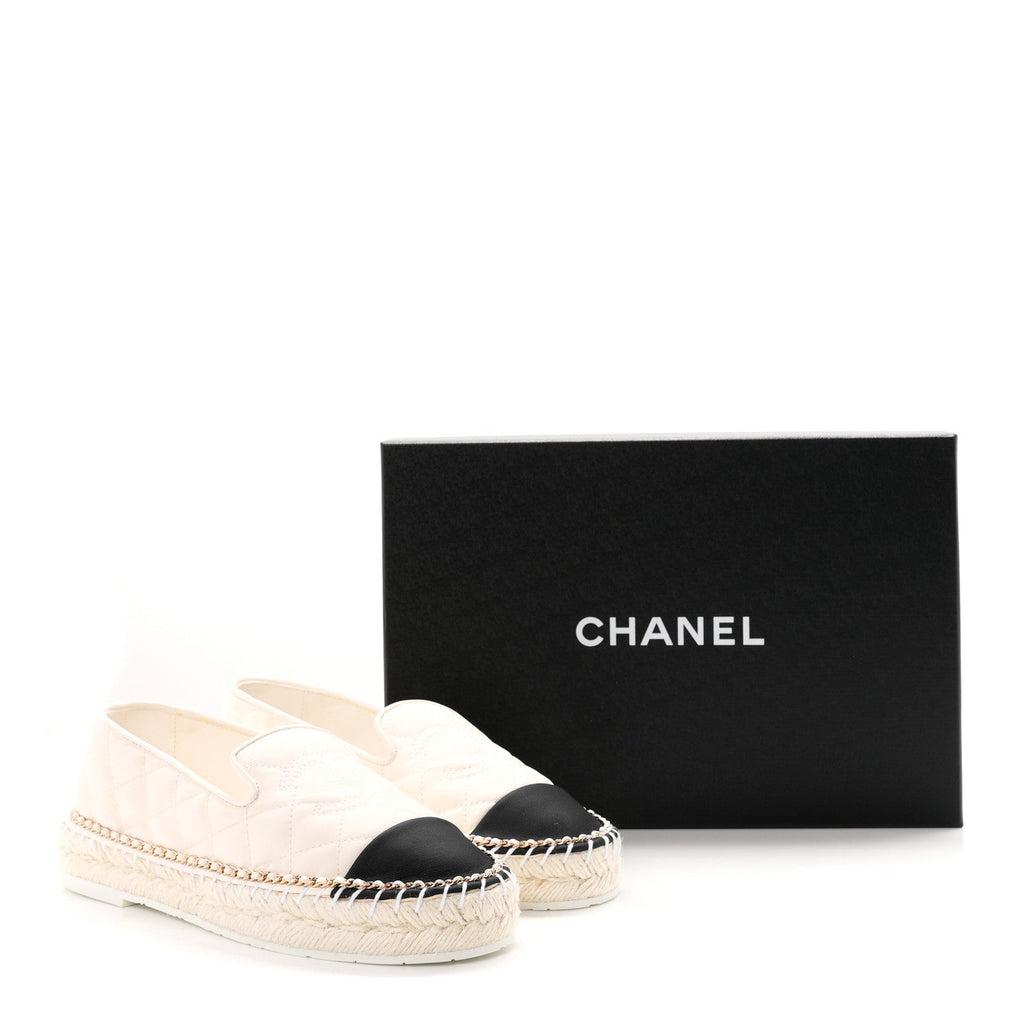 Chanel Shiny Lambskin Grosgrain CC Women's Espadrilles White Black