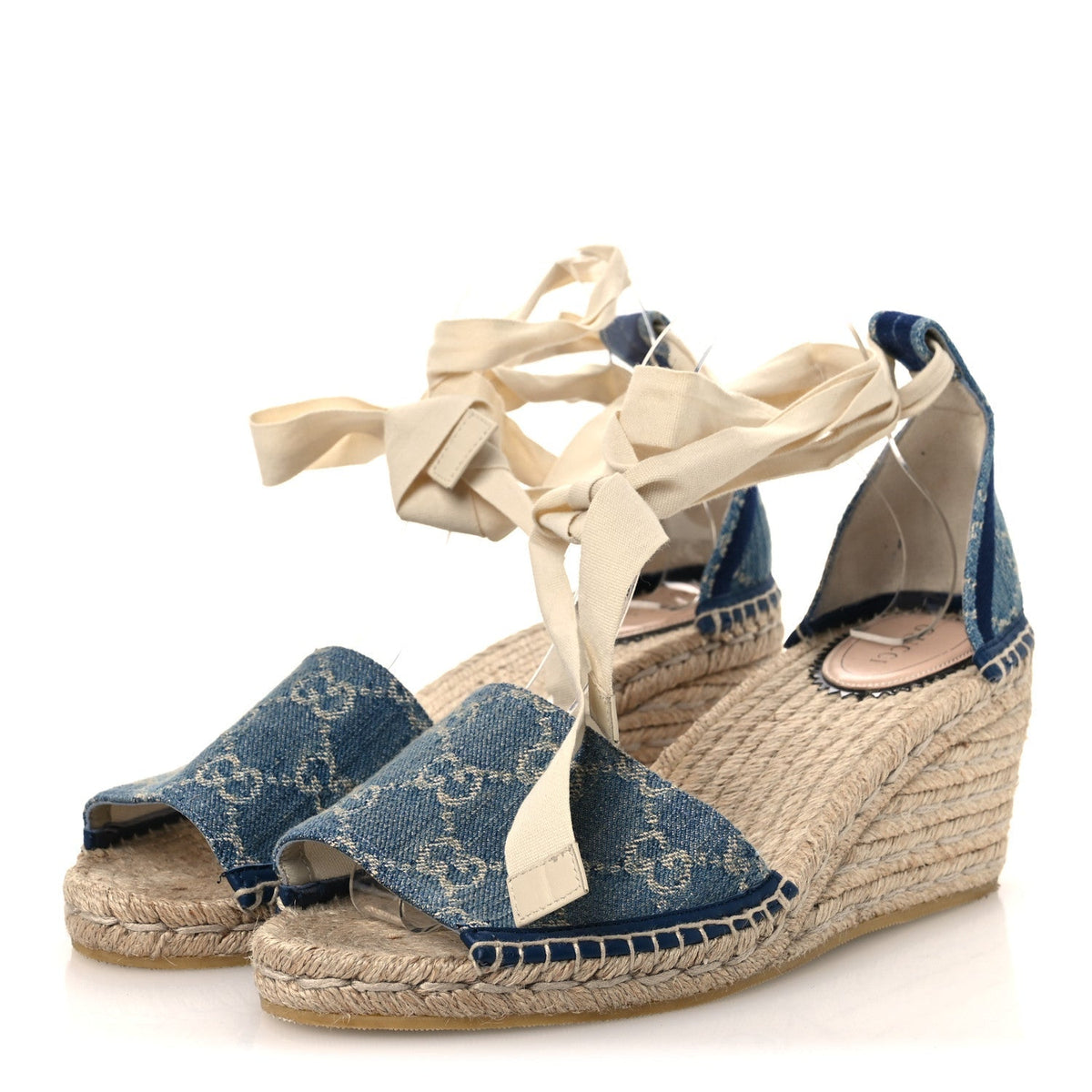 Gucci Denim Women's GG Monogram Pilar Espadrille Wedge Sandals 41 Light Blue