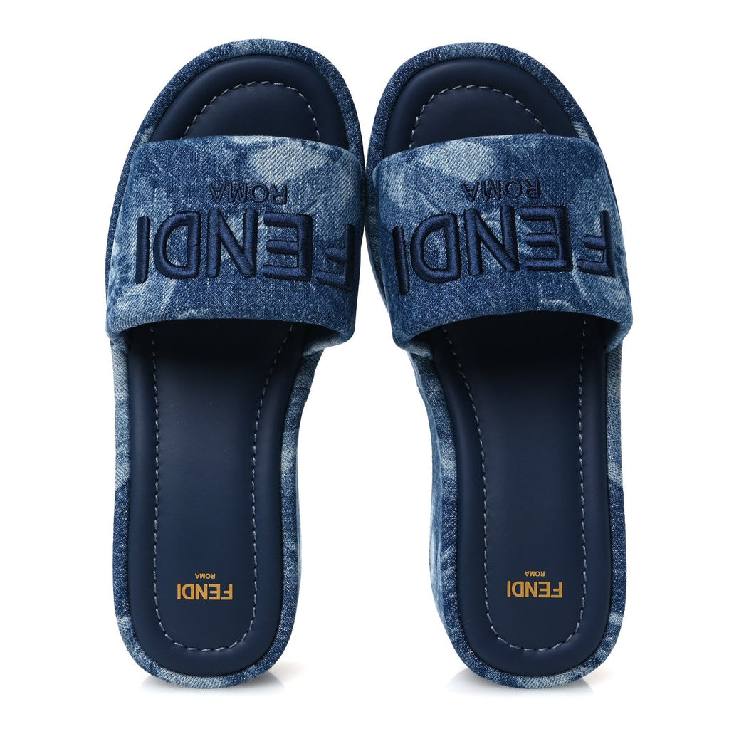 Fendi Denim Women's Sea Garden Logo Sunshine Flatform Slide Sandals 37 Blue