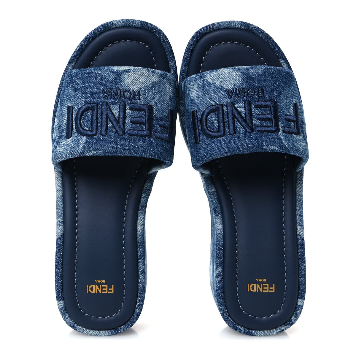 Fendi Denim Women's Sea Garden Logo Sunshine Flatform Slide Sandals 37 Blue