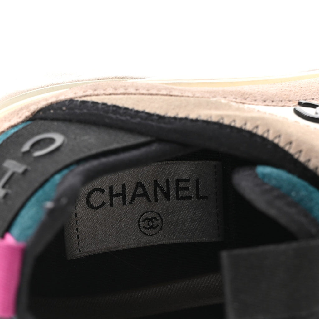 Chanel Suede Calfskin Nylon Grosgrain Women's CC Sneakers 37 Beige Pink