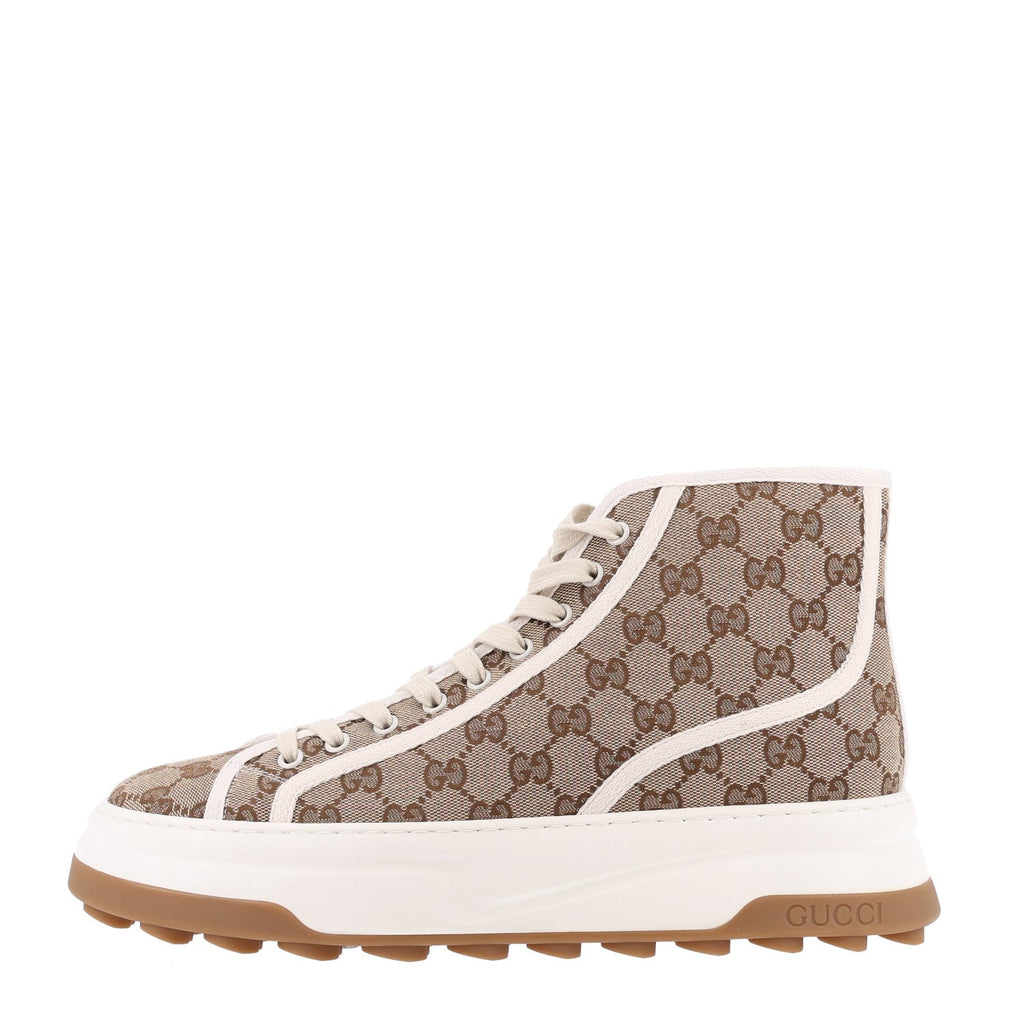 Gucci Monogram 1977 Tennis 55mm Men's High Top Sneakers 9 Beige Ebony Mystic White