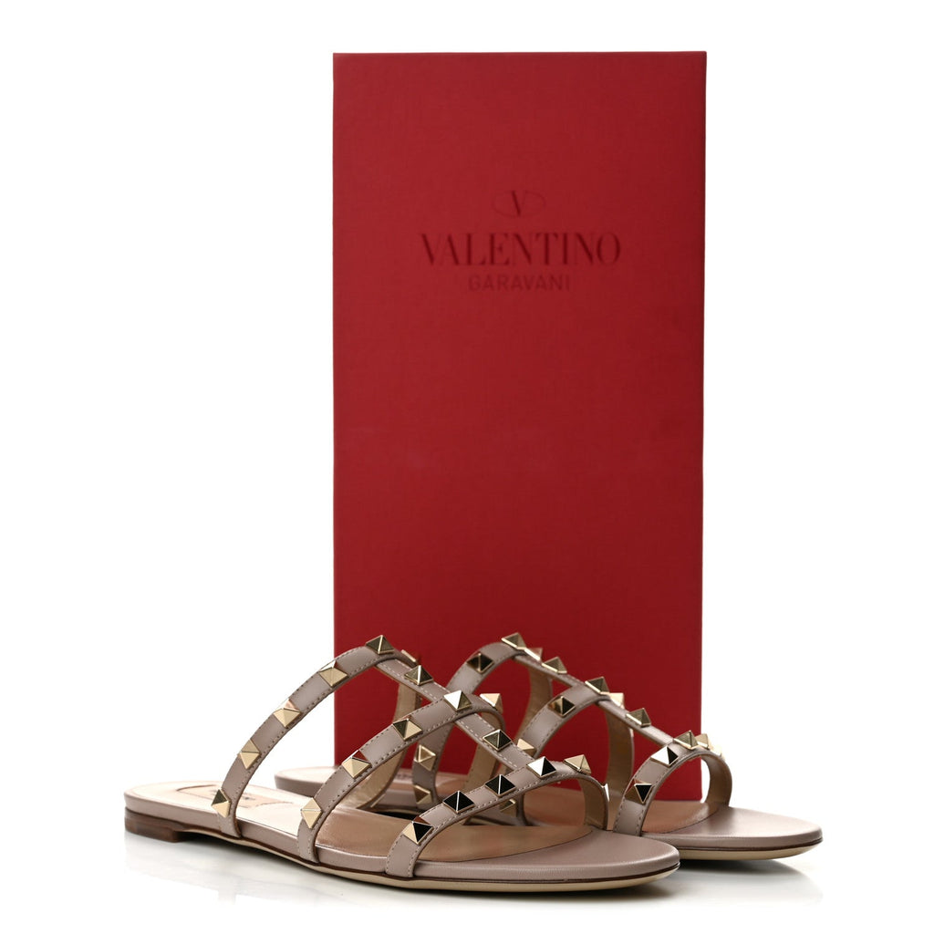 Valentino Garavani Calfskin Women's Rockstud Caged Flat Slide Sandals 37 Poudre