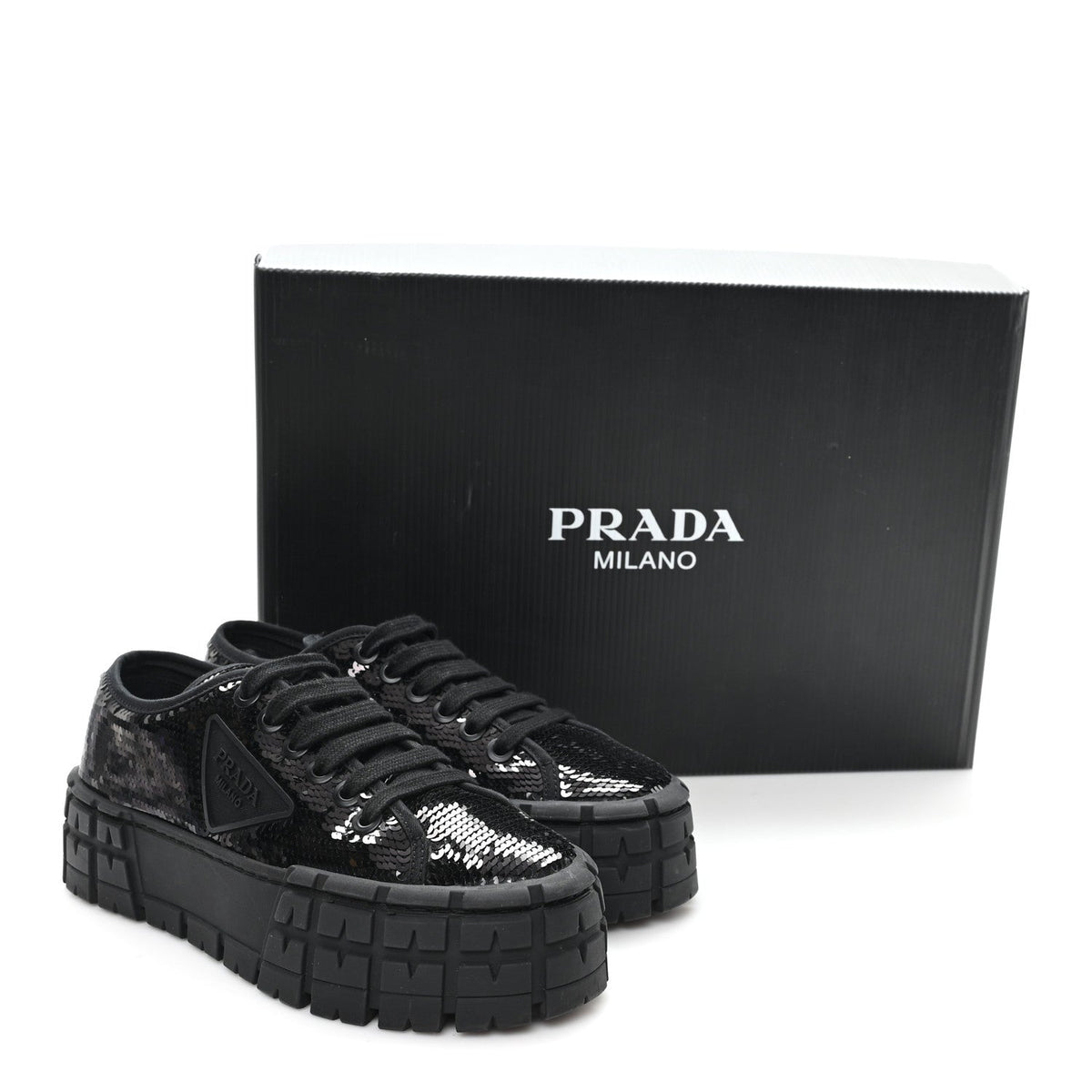 Prada Paillettes Triangle Logo Double Wheel 50mm Women's Sneakers 37 Black