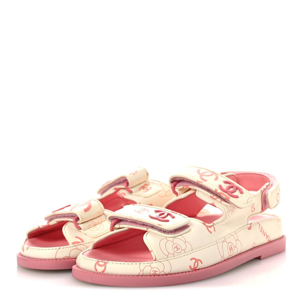 Chanel Lambskin Women's Printed CC Velcro Dad Sandals 37 White Pink