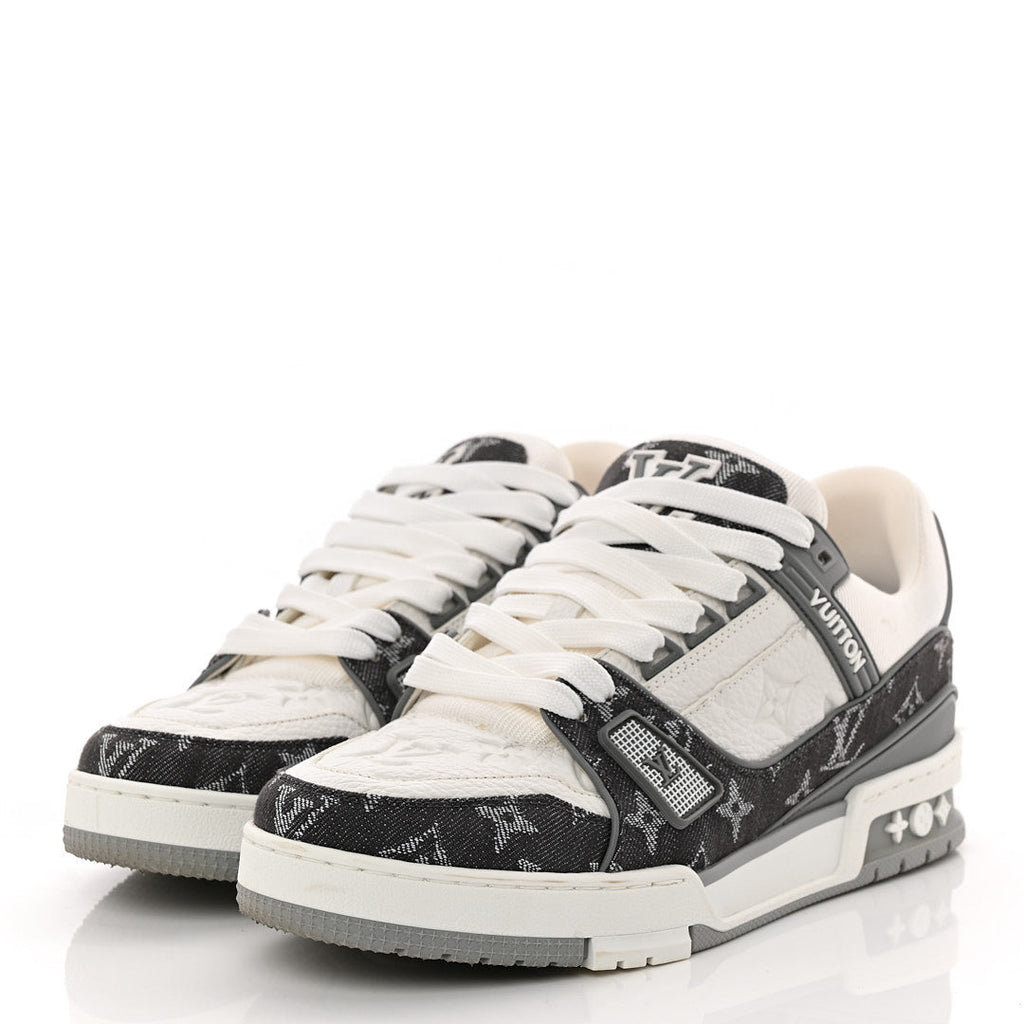 Louis Vuitton Calfskin Embossed Monogram Denim Men's LV Trainer Sneakers 5.5 Grey