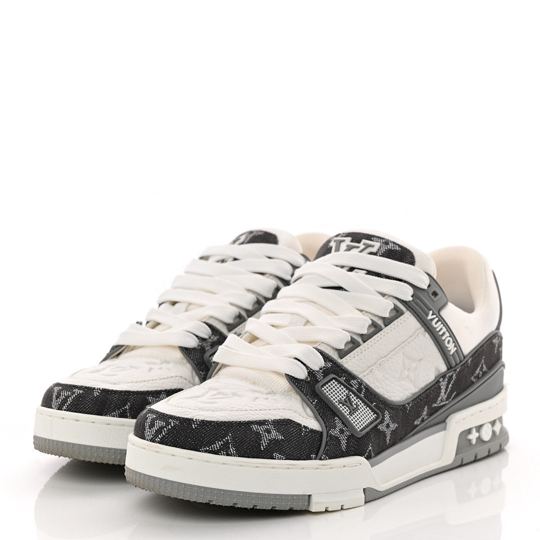 Louis Vuitton Calfskin Embossed Monogram Denim Men's LV Trainer Sneakers 5.5 Grey