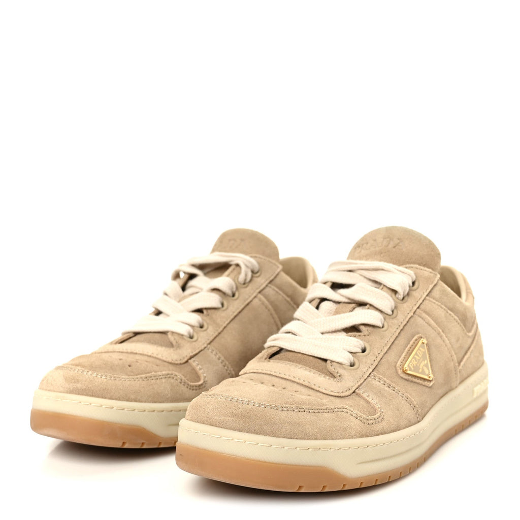 Prada Suede Women's Downtown Low Top Sneakers 37 Ecru