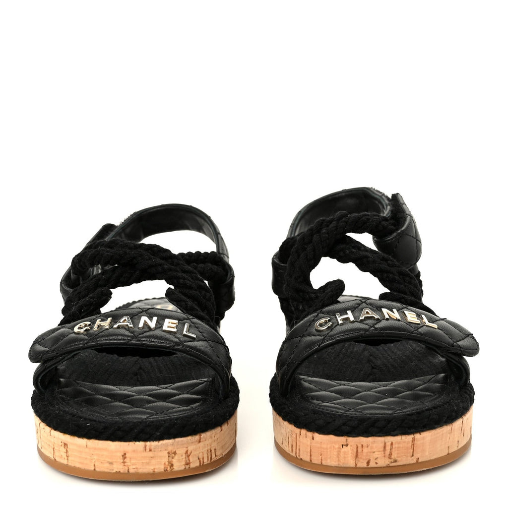 Chanel Cord Lambskin Women's Quilted Logo Sandals 37 Black