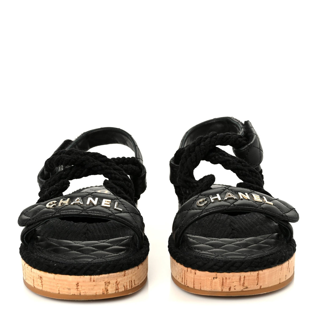 Chanel Cord Lambskin Women's Quilted Logo Sandals 37 Black