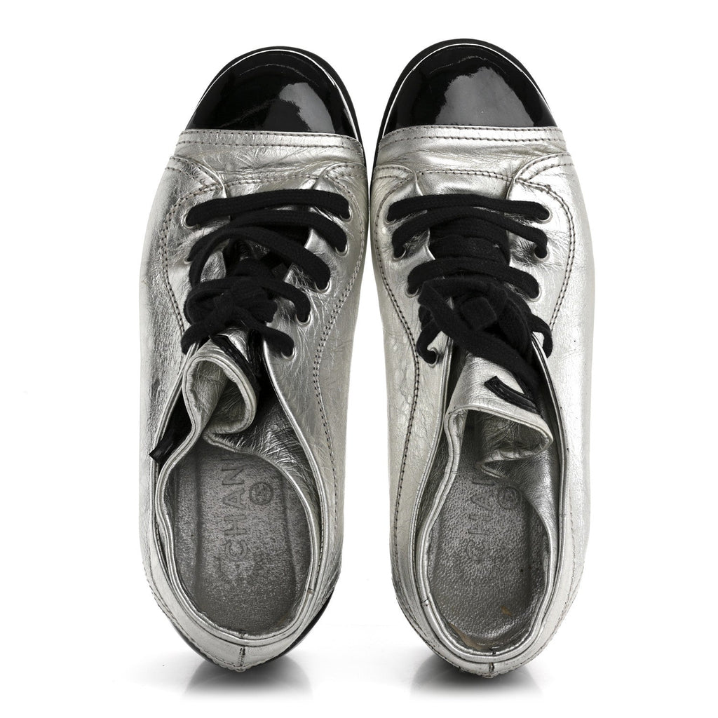 Chanel Metallic Lambskin Patent Cap Toe CC Women's Sneakers Silver Black