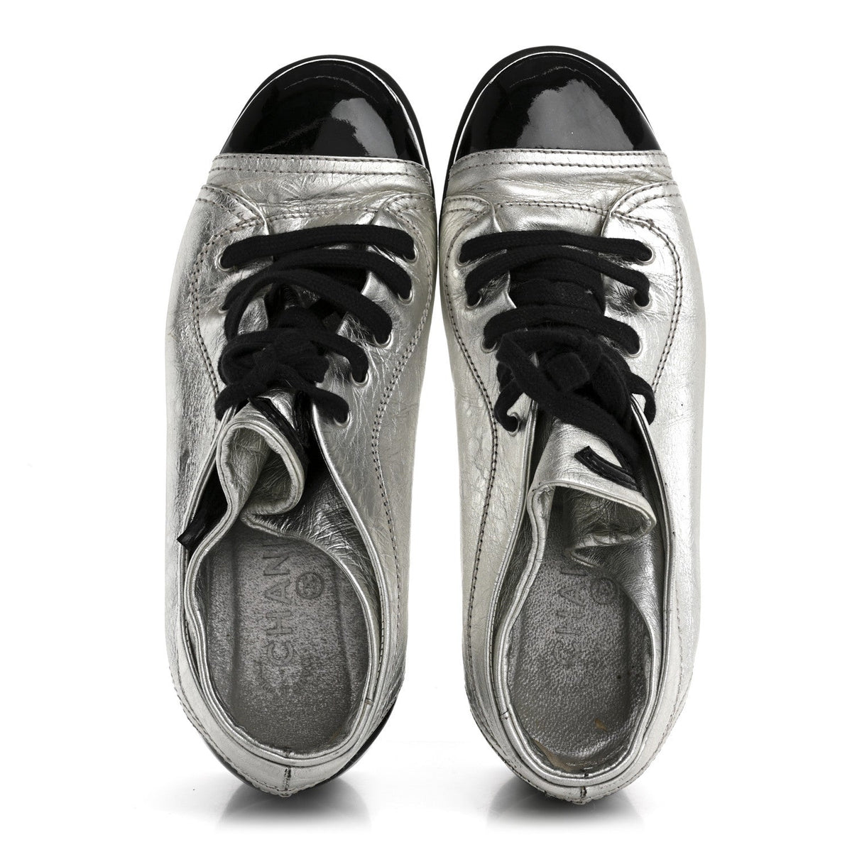 Chanel Metallic Lambskin Patent Cap Toe CC Women's Sneakers Silver Black