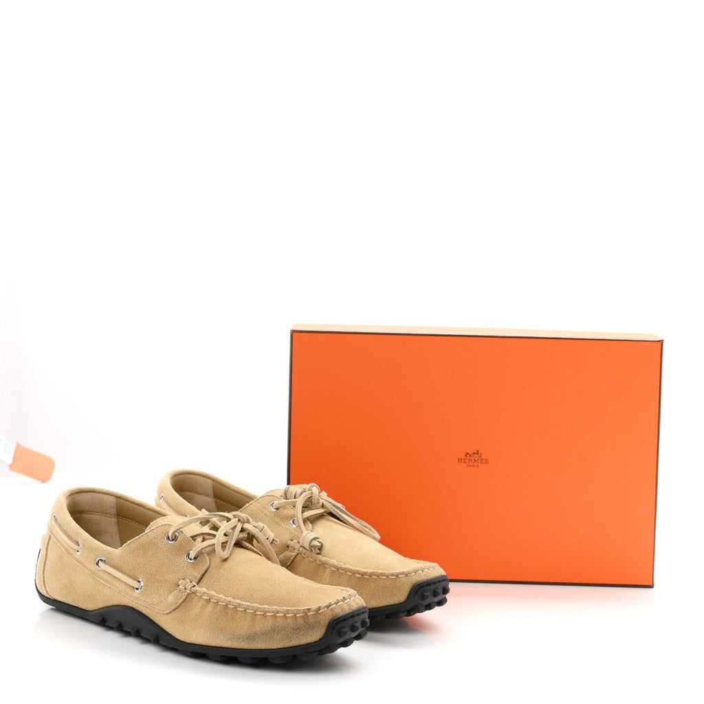Hermes Suede Calfskin Women's Member Loafers 41 Beige Albatre