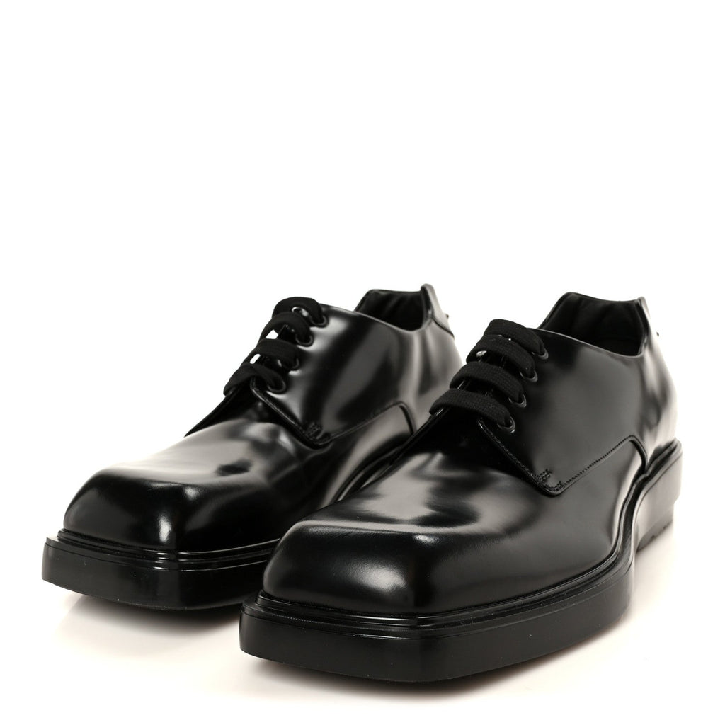 Prada Spazzolato Men's Square Toe Lace Up Derby Shoes 9 Black