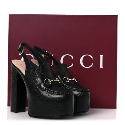 Gucci Leather Horsebit Women's Platform Slingback Mules 38.5 Black