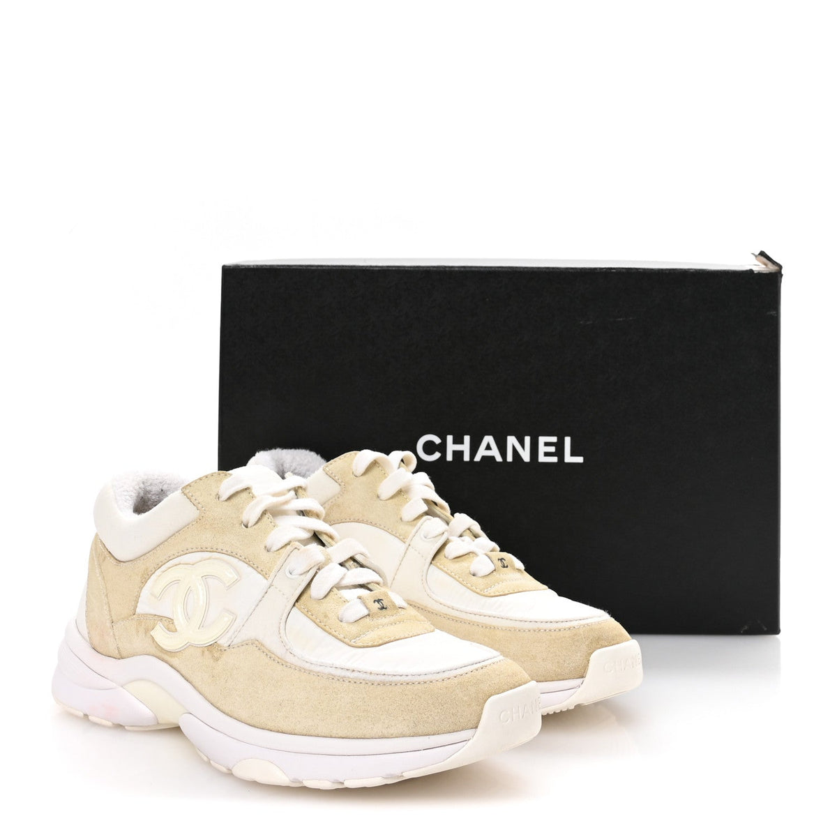 Chanel Suede Calfskin Fabric Women's CC Sneakers 37.5 White