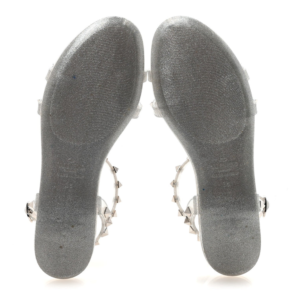 Valentino Garavani PVC Jelly Women's Glitter Rockstud Caged Flat Thong Sandals 36 Silver