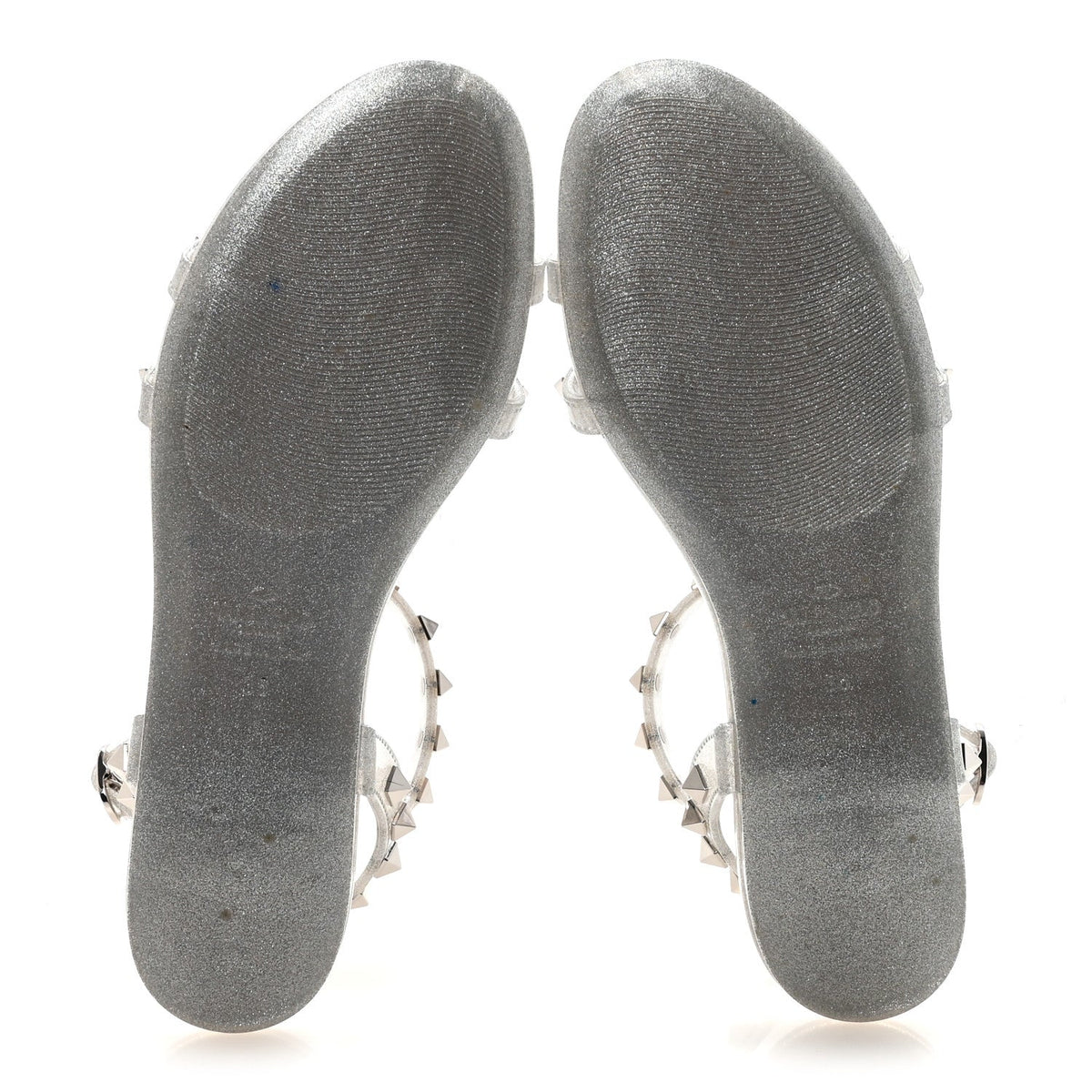 Valentino Garavani PVC Jelly Women's Glitter Rockstud Caged Flat Thong Sandals 36 Silver