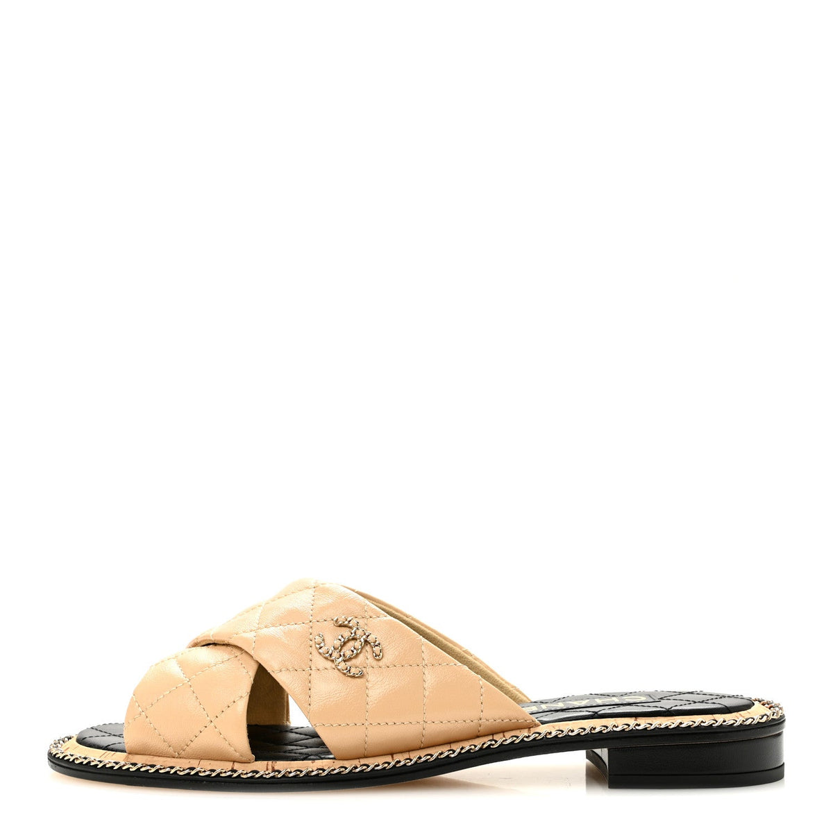 Shiny Lambskin Quilted Metal Chain CC Sandals Beige