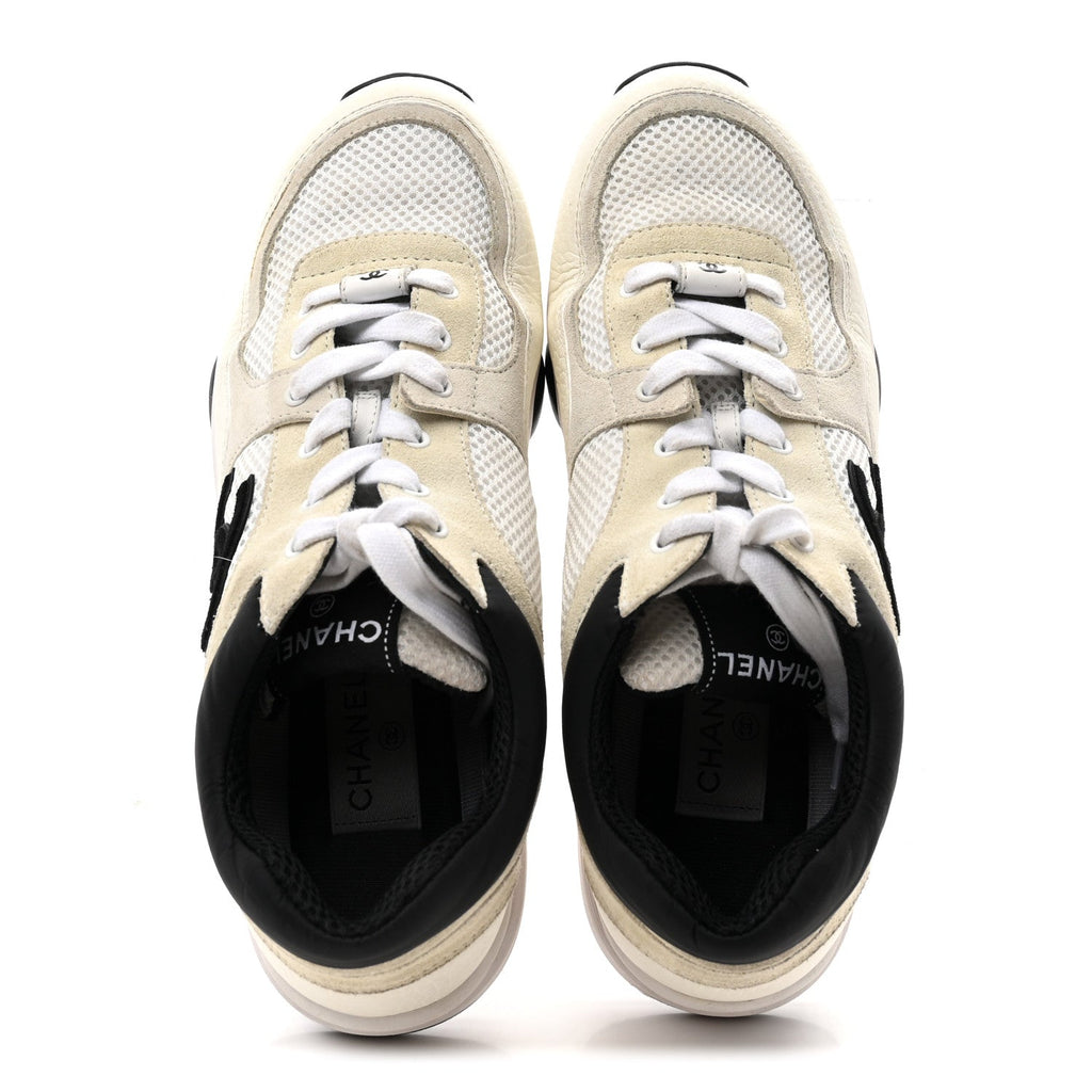 Chanel Mesh Suede Calfskin Womens CC Sneakers 39.5 White Black