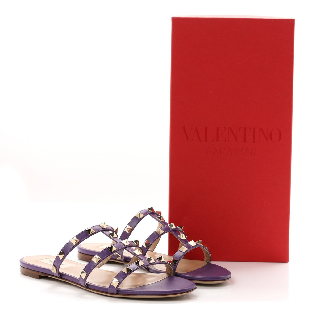 Valentino Garavani Nappa Women's Rockstud Caged Flat Slide Sandals 36 Indian Violet