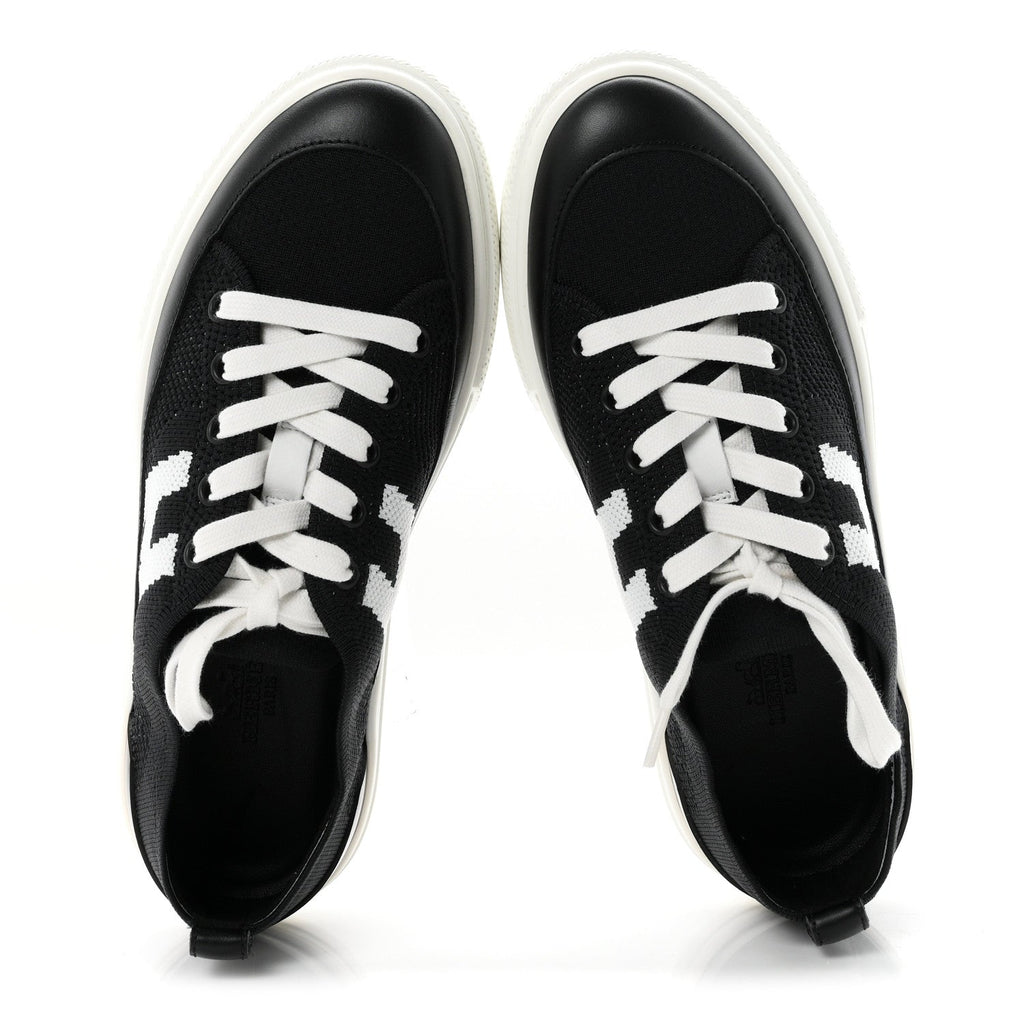 Hermes Knit Fabric Calfskin Women's Deep Sneakers 36.5 Black White