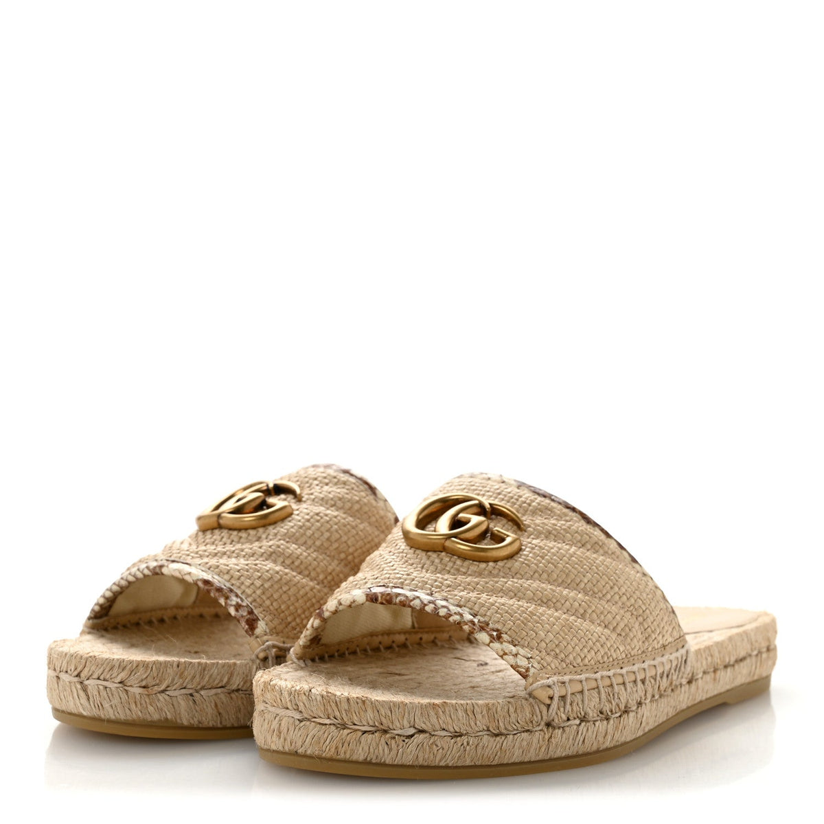 Gucci Straw Elaphe Women's GG Marmont Slide Sandals 39 Natural Cream Brown