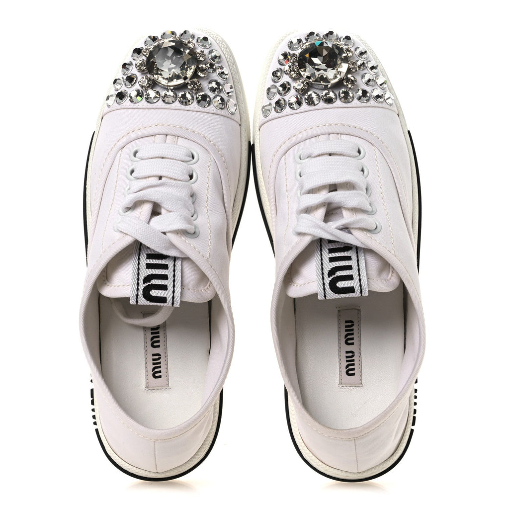 Miu Miu Gabardine Women's Crystal Low Sneakers 35 Bianco