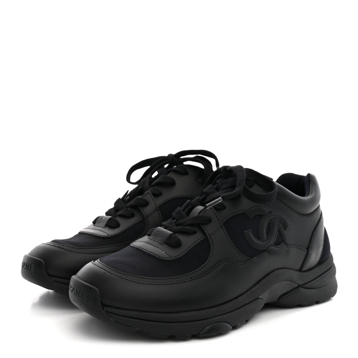 Chanel Lambskin Fabric Women's CC Sneakers 37.5 Black