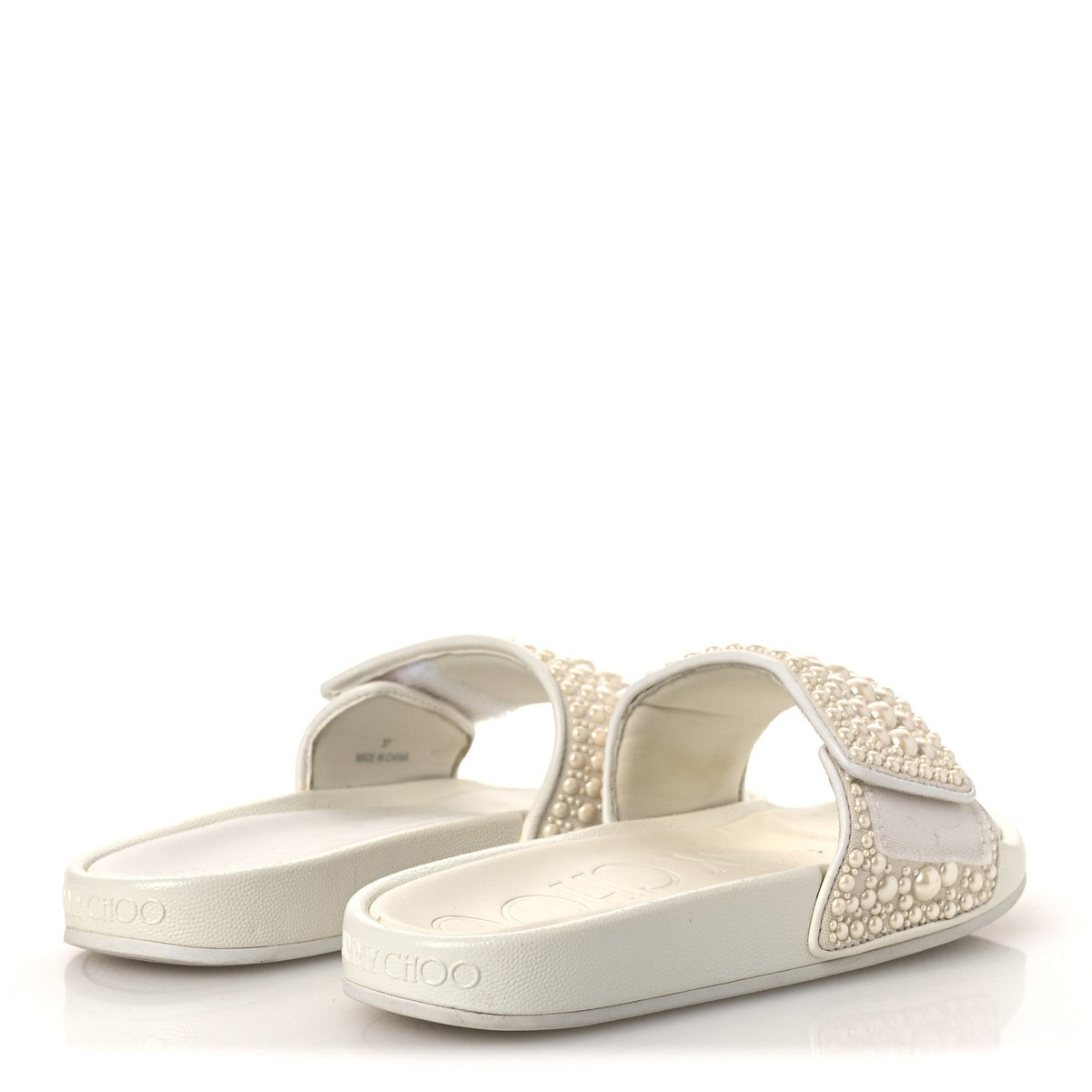 Jimmy Choo Canvas Rubber Women's Pearl Embellished Fitz Slide Sandals 37 White