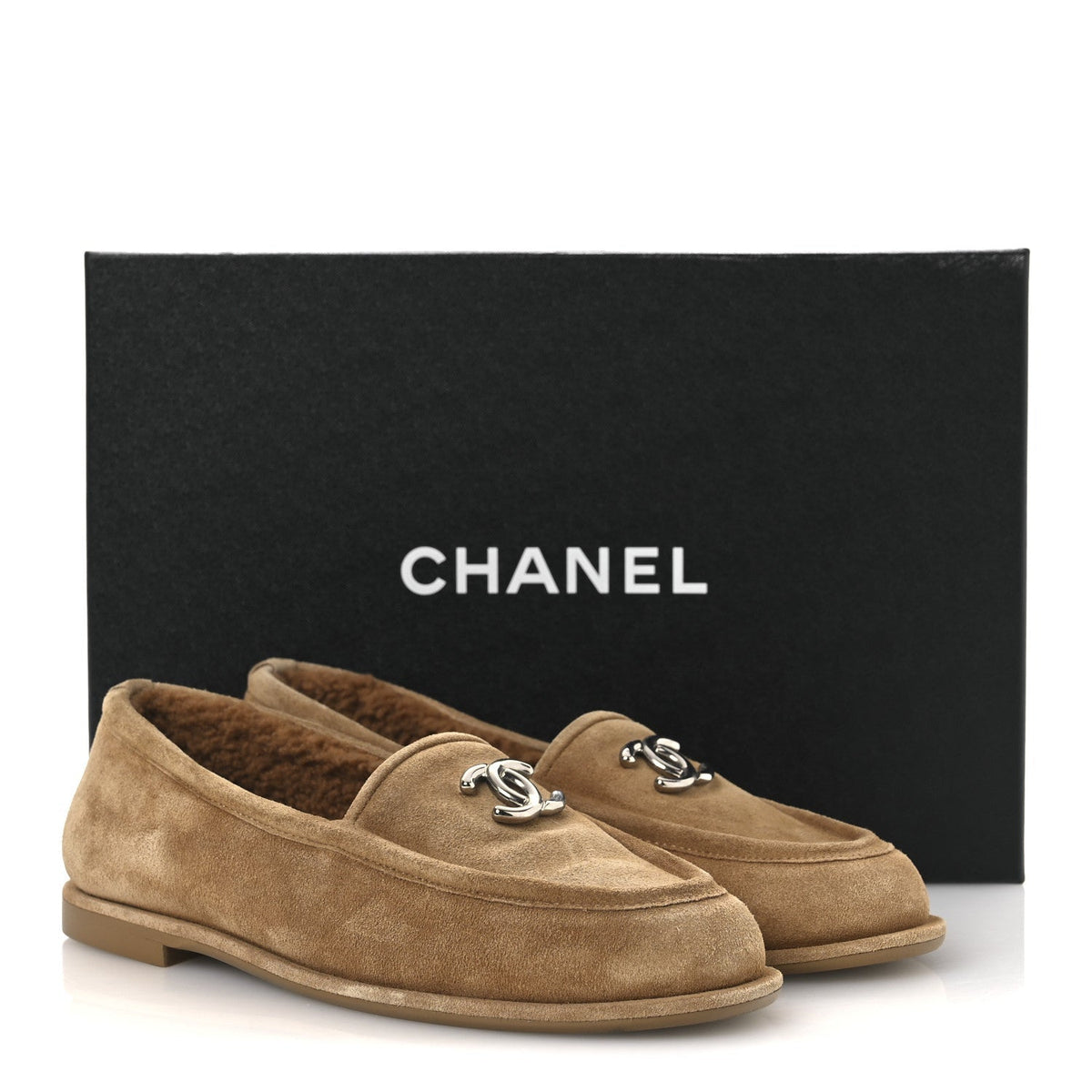Chanel Suede Calfskin Women's CC Loafers 36.5 Dark Beige
