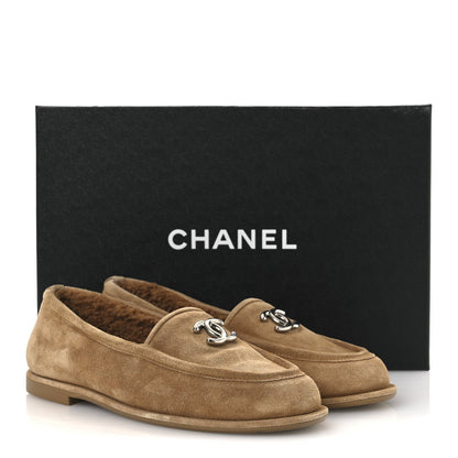 Chanel Suede Calfskin Women's CC Loafers 36.5 Dark Beige
