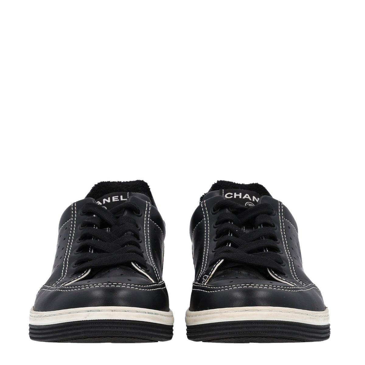 Chanel Calfskin Women's Logo Sneakers 38 Black White