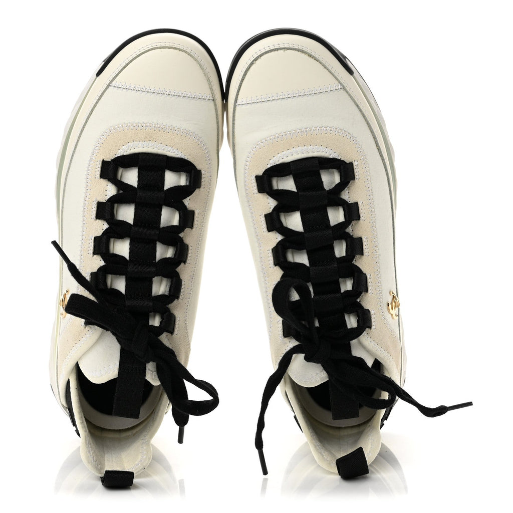 Chanel Velvet Calfskin Mixed Fibers Women's CC Sneakers 37.5 Ivory Black