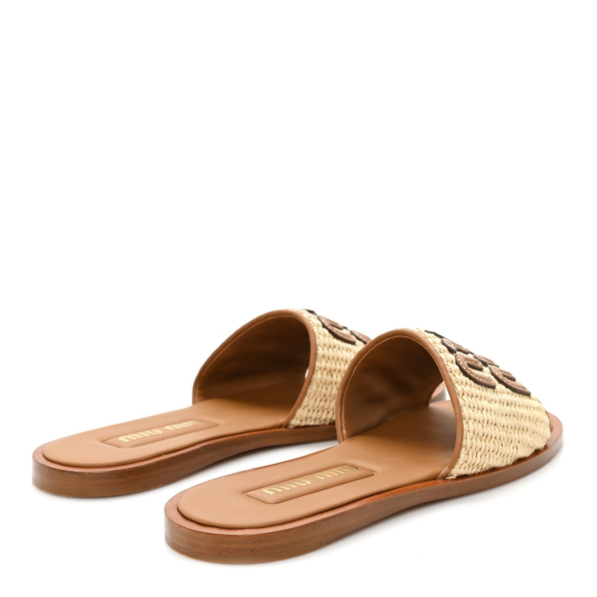 Miu Miu Stuoia Raffia Calfskin Women's Logo Sandals 36 Naturale